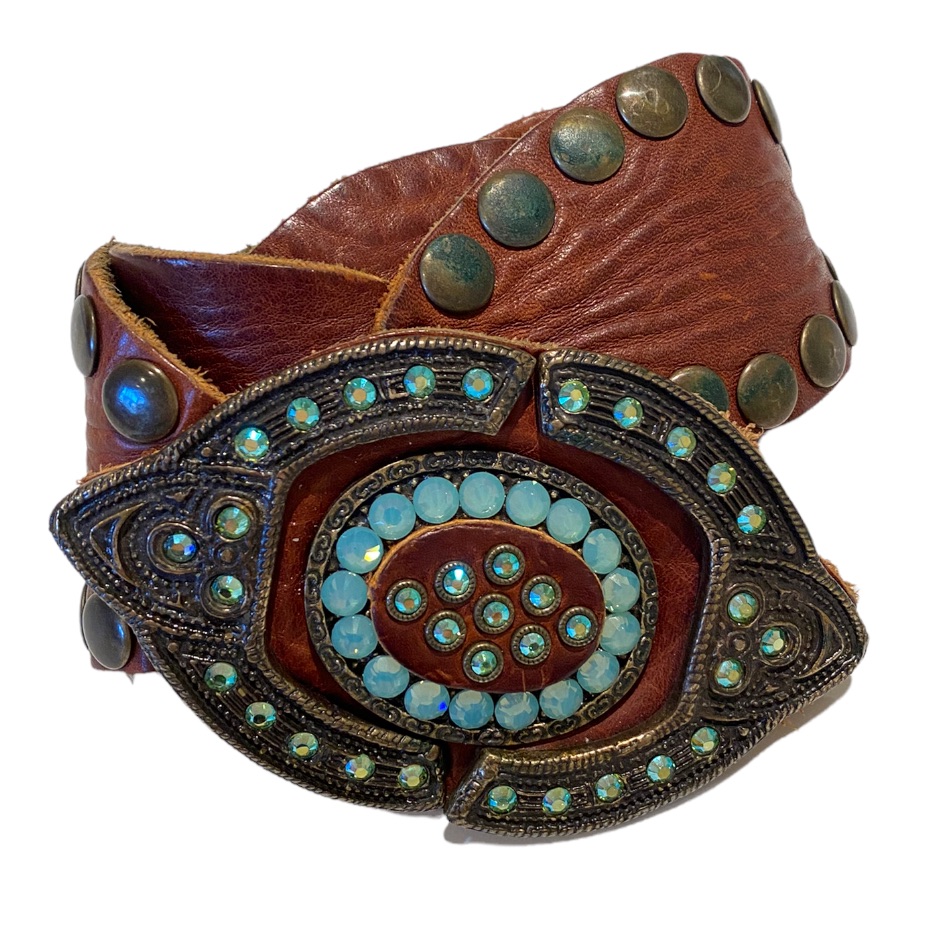 Studded Leather Belt With Turquoise Buckle